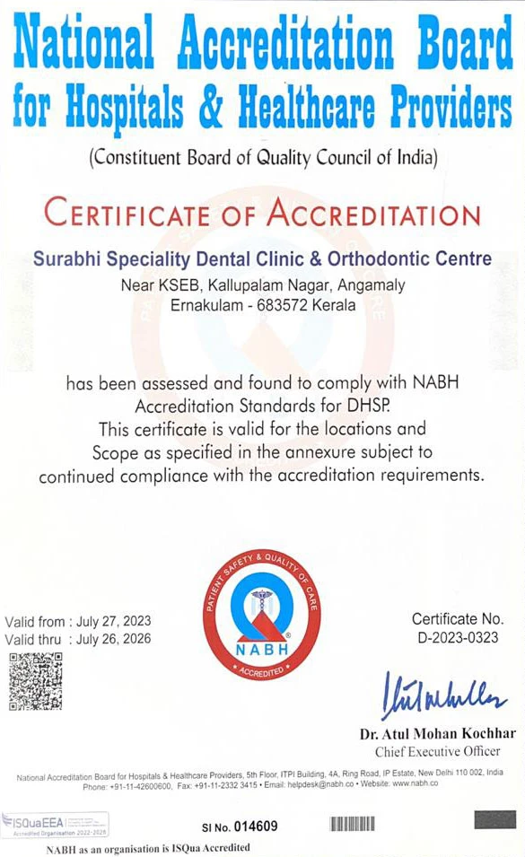 NABH accreditation certificate for Surabhi Specialty Dental Clinic in Angamaly, Best Dental Clinic in Kerala